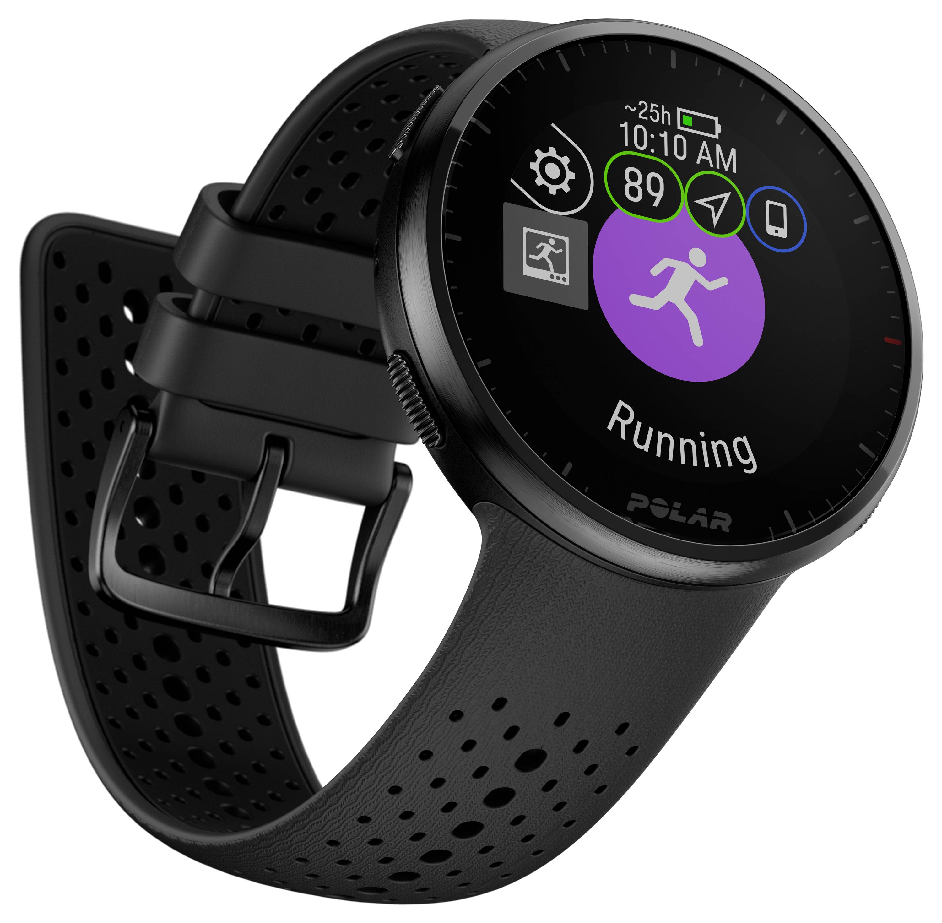 A black smartwatch with a perforated strap displays a fitness app on the screen with a 'Running' icon.
