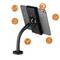 Tablet Holder with Flexible Gooseneck, Rotatable 360 Degrees, for Tablets up to 8 mm Thick. Symbols Indicate Functions.