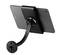 A black tablet stand with a flexible arm and suction base holds a tablet horizontally. Suitable for hands-free viewing.