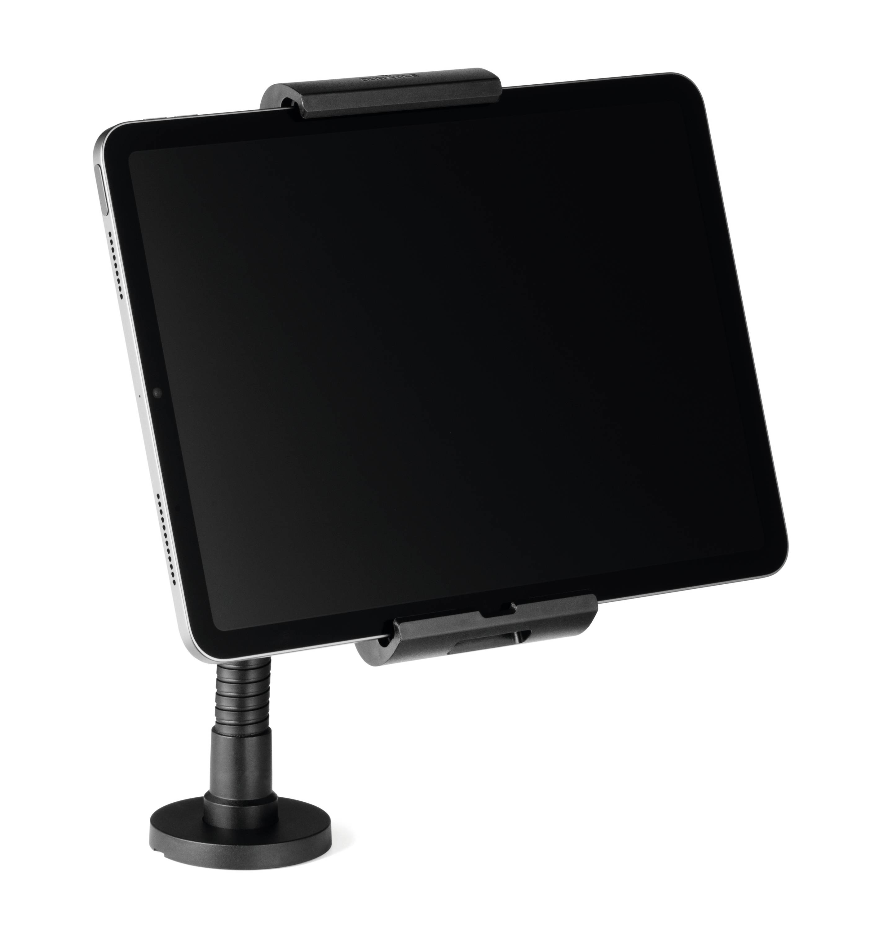 A black tablet holder with a flexible arm is holding a tablet in landscape orientation. The background is neutral.