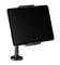 A black tablet holder with a flexible arm is holding a tablet in landscape orientation. The background is neutral.