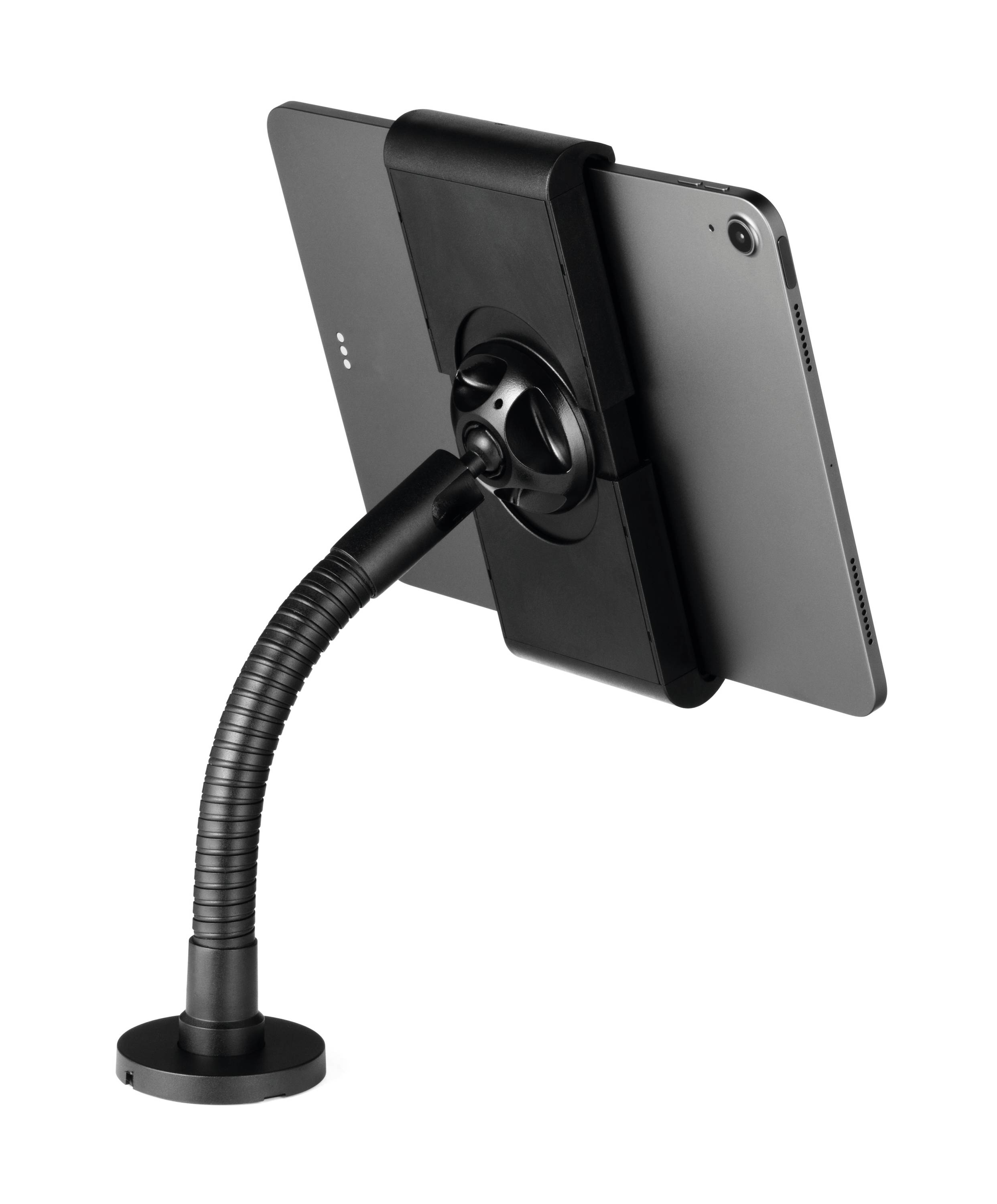 Tablet holder with a flexible swan-neck made of black material, holding a silver tablet in a horizontal position.