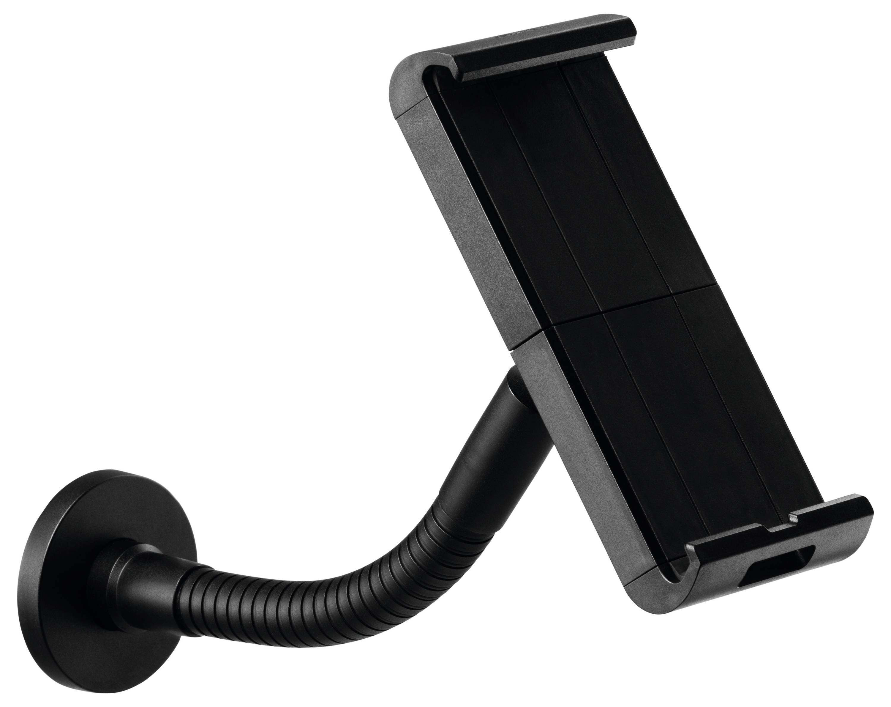 Black, flexible mobile phone holder with wall mounting, suitable for holding a smartphone or tablet.