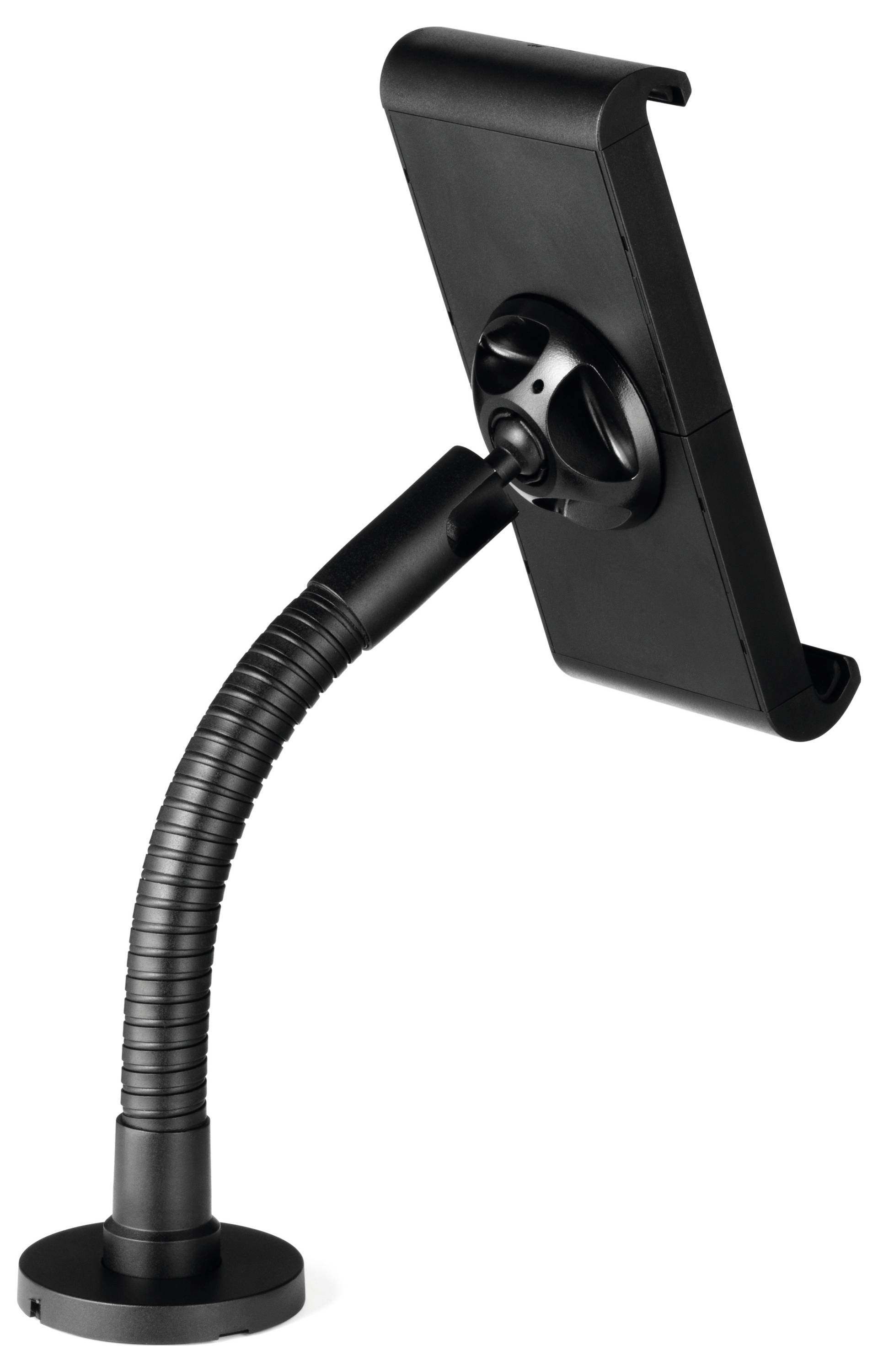 Black tablet stand with flexible neck and stable base. Ideal for hands-free tablet use on a table.