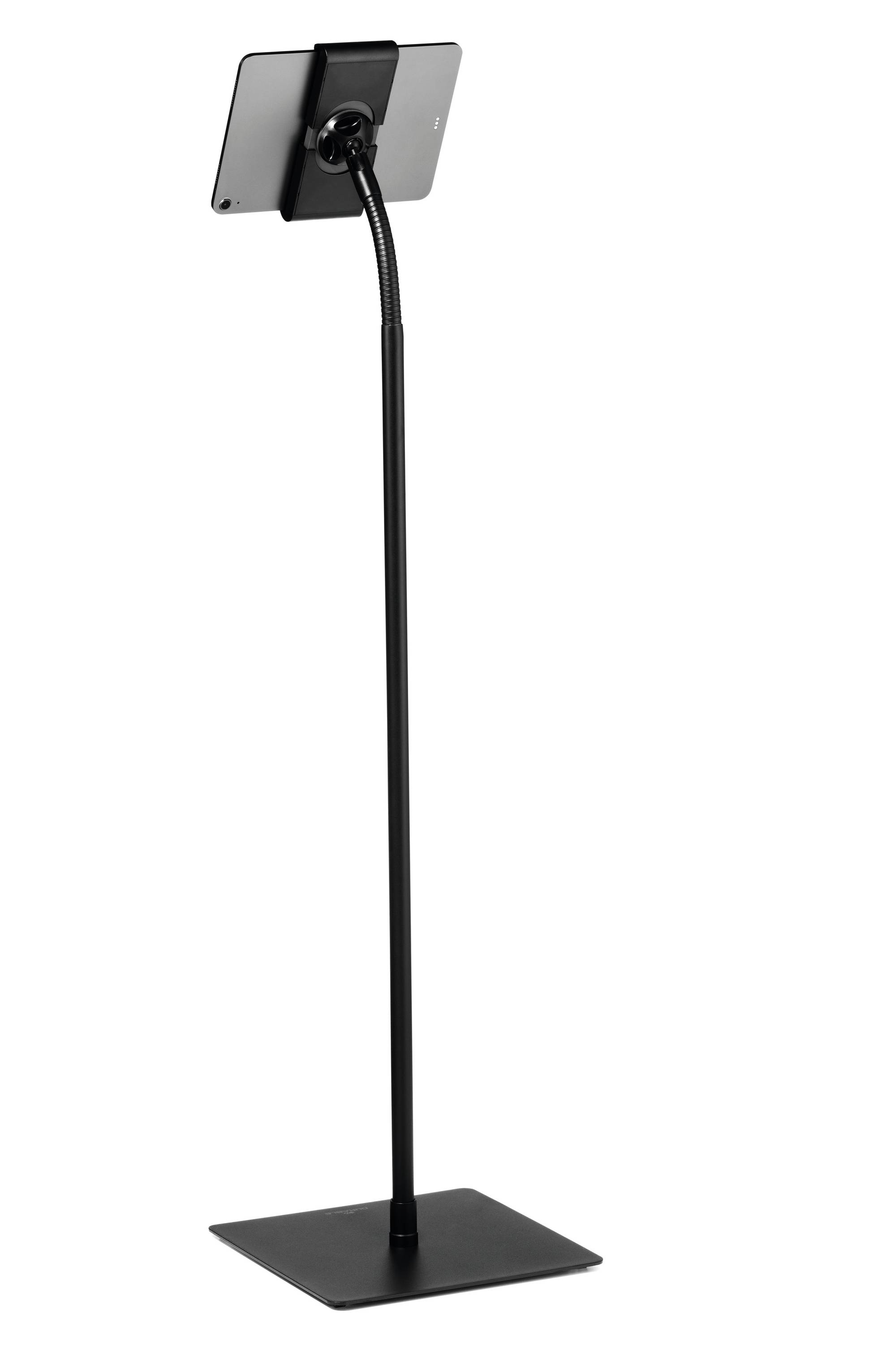 A black tablet stand with an adjustable neck and square base, suitable for holding a tablet in a vertical position.