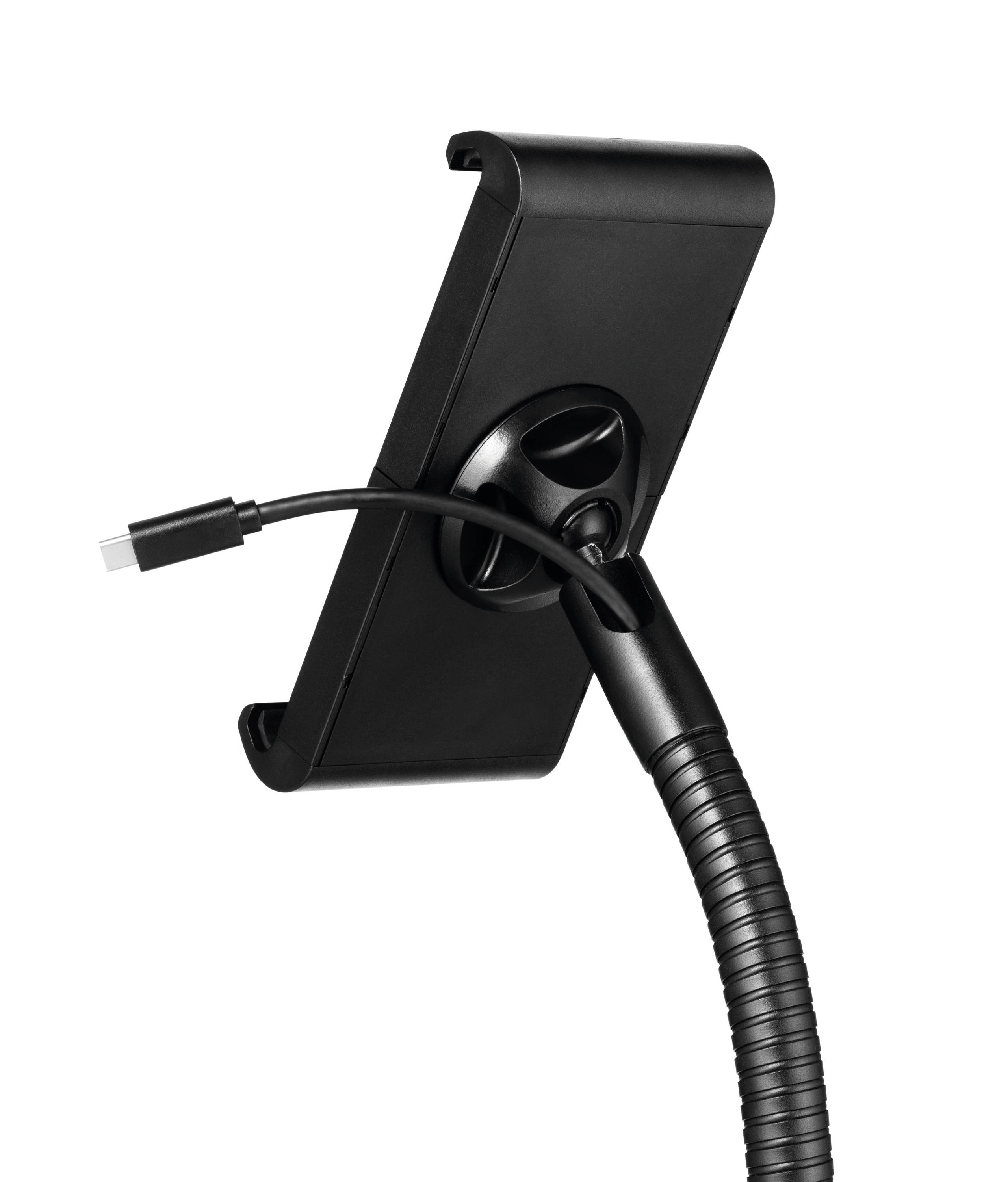 A black holder with a flexible neck is holding a smartphone sideways. A USB cable is connected to the smartphone.