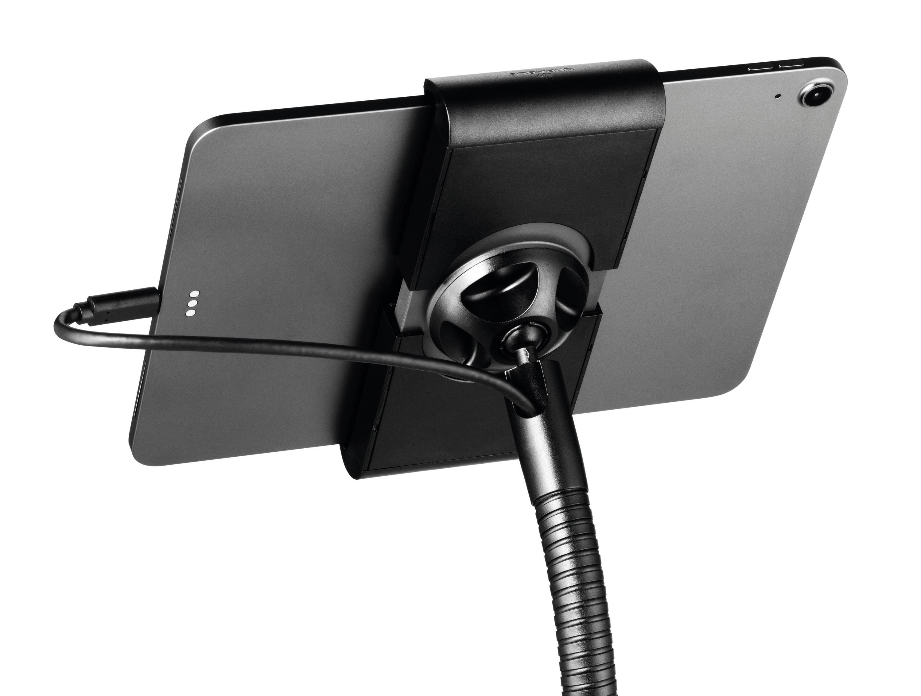 Tablet in black mount with flexible arm, viewed from behind.