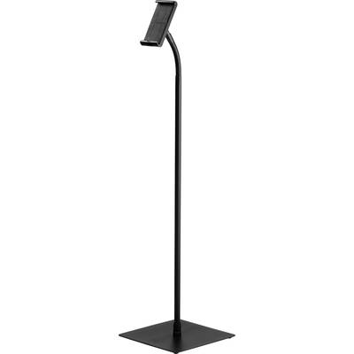A black stand with a rectangular base and an adjustable neck, featuring a tablet holder at the top. Ideal for hands-free working.