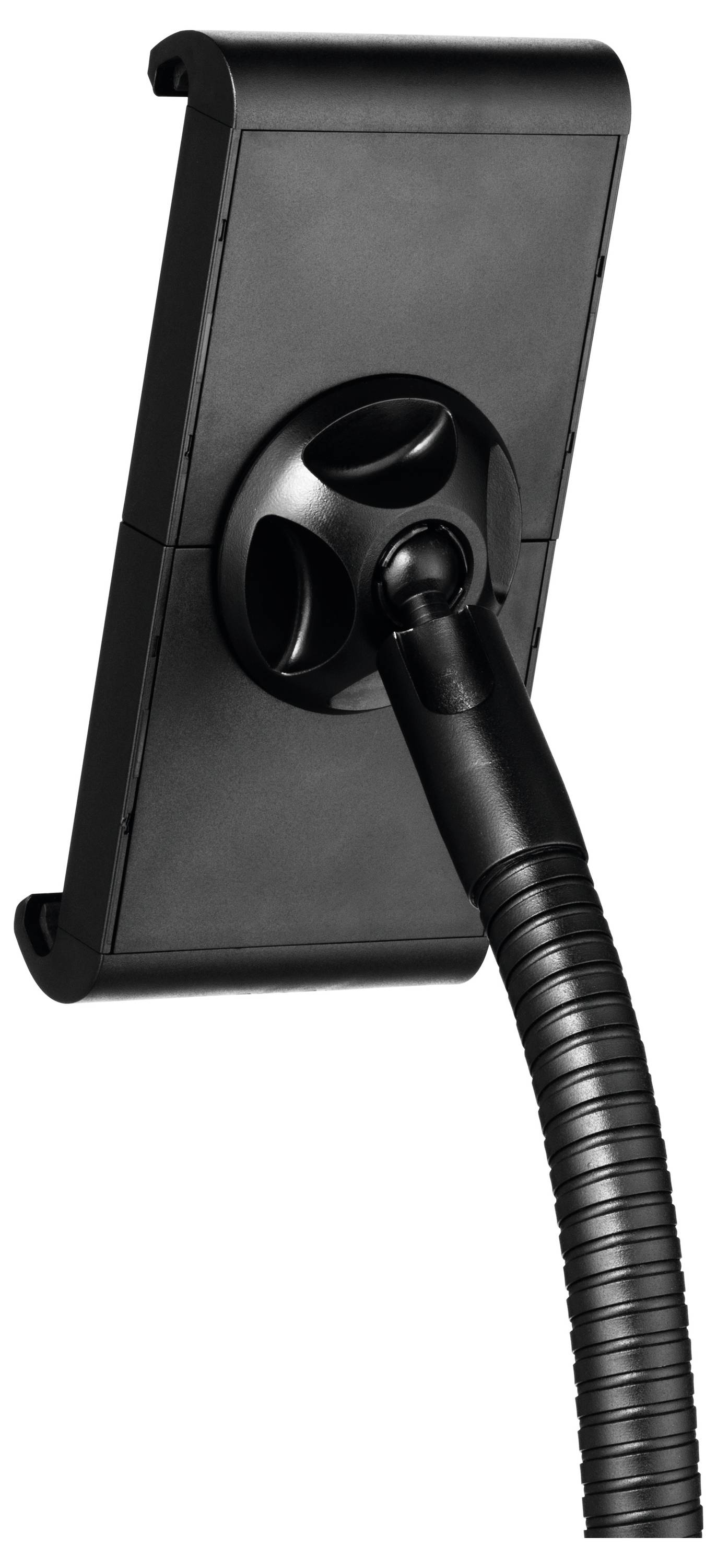 Black smartphone holder with a flexible arm for mounting and easily positioning a mobile phone.