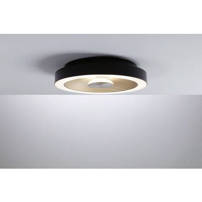 A contemporary, circular ceiling light with a black border and central light beam, mounted on a white ceiling.