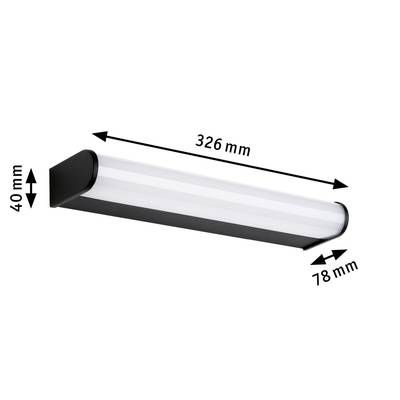 Black LED light, cuboid-shaped, wall-mounted. Dimensions: 326 mm long, 40 mm high, 78 mm deep.