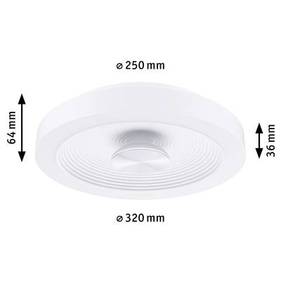Round ceiling light with an external diameter of 320 mm and an internal diameter of 250 mm. The height of the light is 64 mm, with the inner area being 36 mm high.
