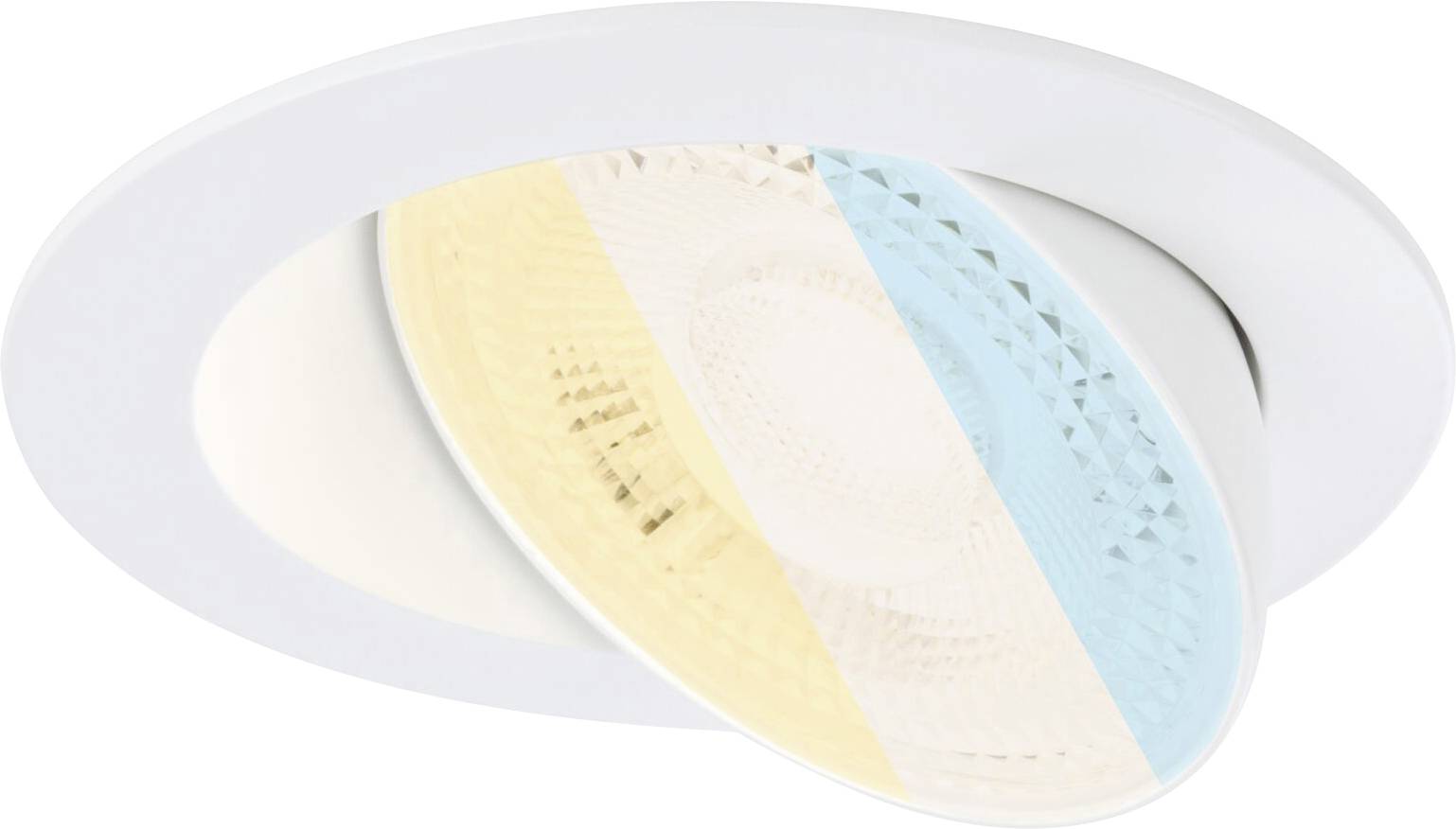 White ceiling light with an oval, movable diffuser displaying warm white and cool blue light, ideal for adaptable lighting.