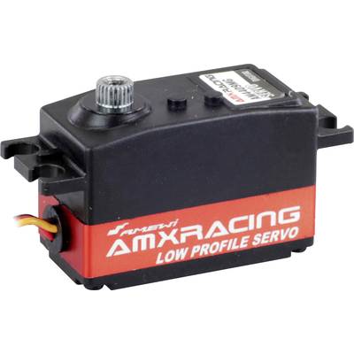 Low-profile servo by AMXRACING, black and red with a metallic gear wheel on top. Commonly used in remote-controlled vehicles.
