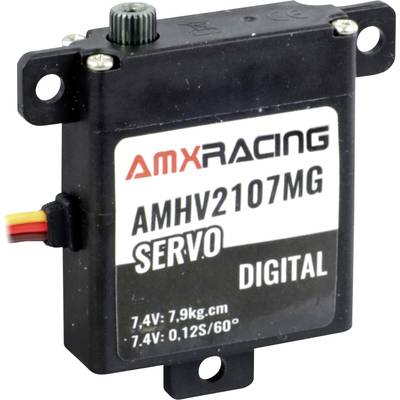 Black digital servo motor model 'AMHV2107MG' by AMX Racing. Specifications: 7.4V, 7.9kg/cm, 0.12s/60°.