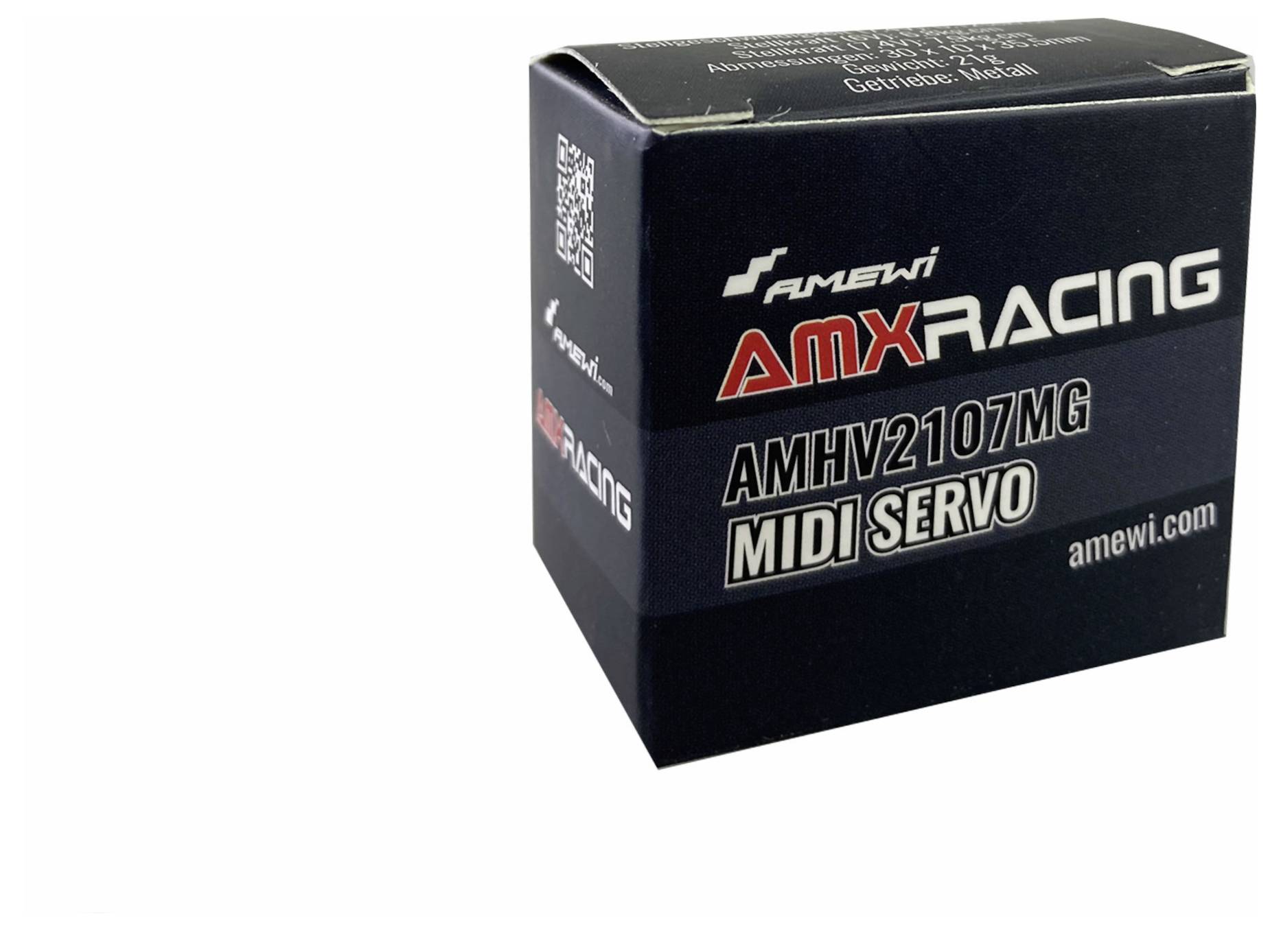Box labelled 'AMX Racing AMHV2107MG MIDI SERVO'.