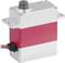 Servomotor with a red central section, silver ends, and multi-coloured cable connection on the left side.