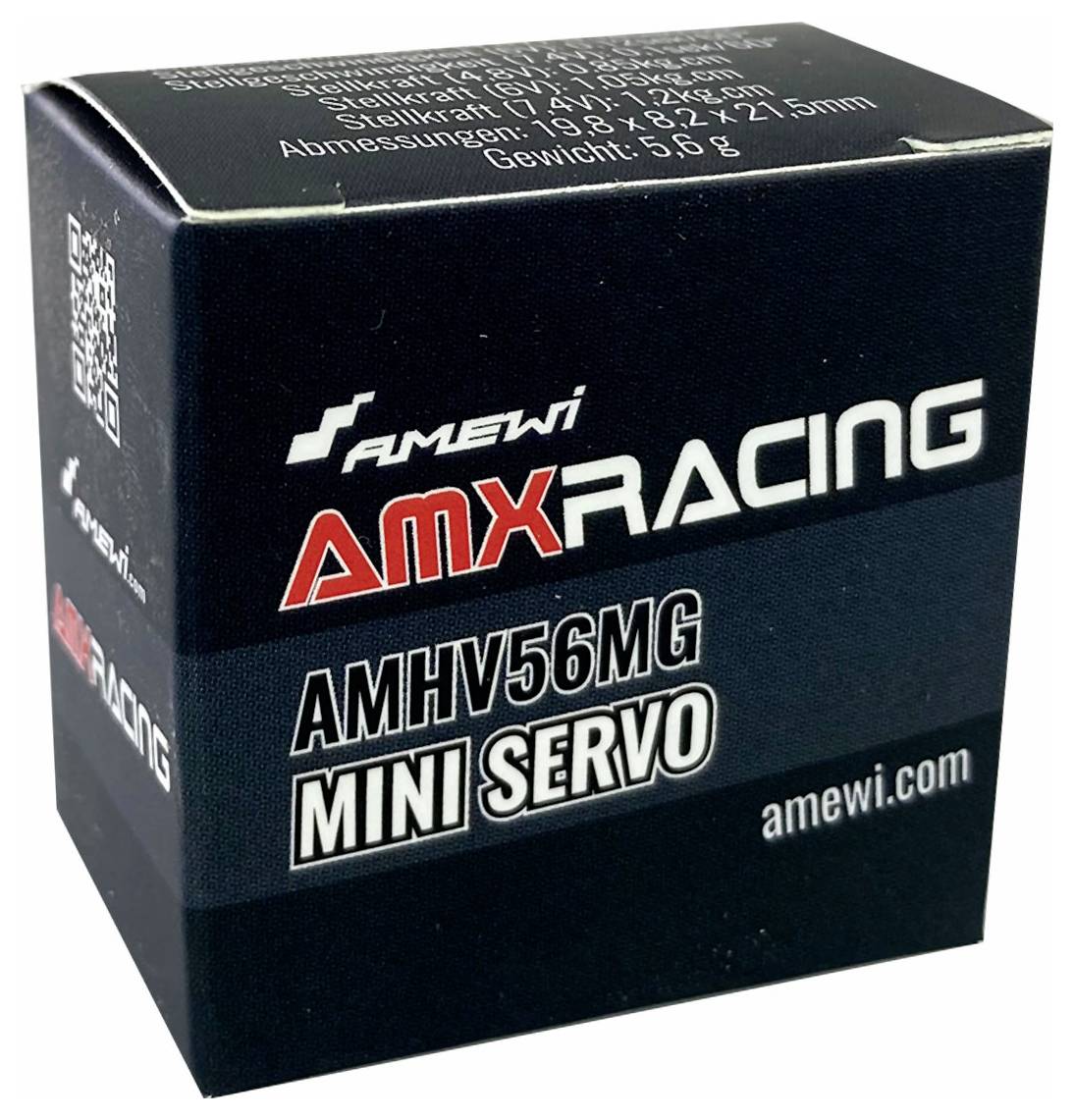 Black packaging of an 'AMXRACING' AMHV56MG Mini Servo by Amewi, with technical details and dimensions in white text.