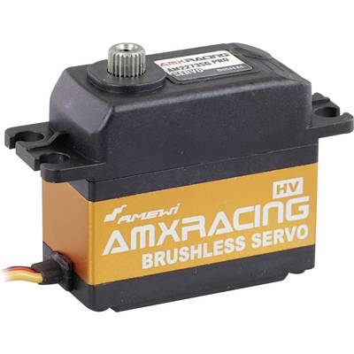 'AMX Racing HV Brushless Servo' in a black housing with an orange stripe, cable connection on the left, for model-building applications.