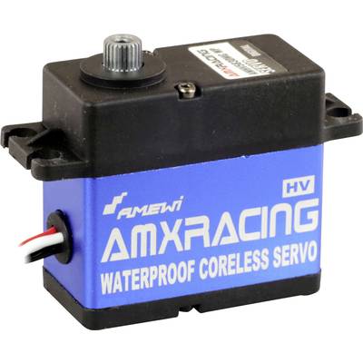 Blue servo motor module by AMX Racing, HV model, with the inscription 'WATERPROOF CORELESS SERVO'.