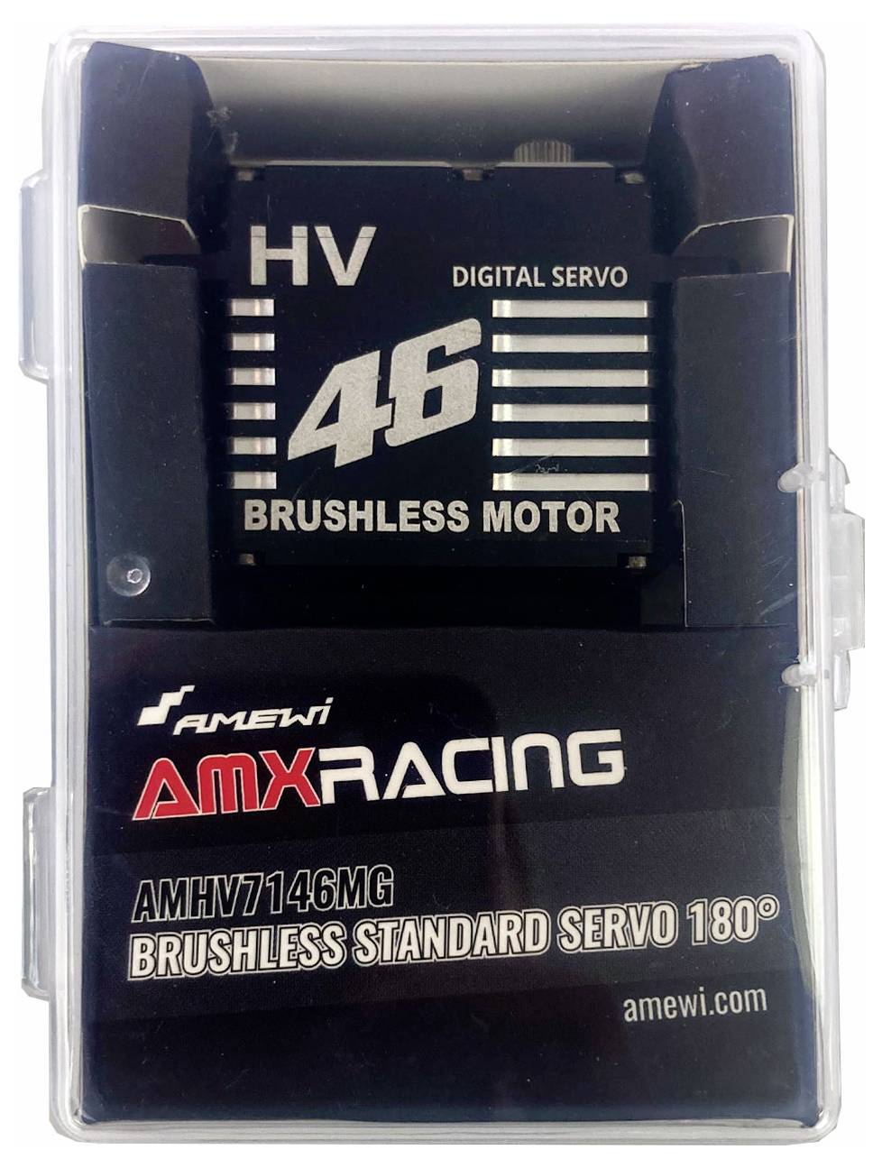 Black packaging of a digital servo motor with the inscription '46 Brushless Motor' and 'AMX Racing AMHV7146MG Brushless Standard Servo 180°'.