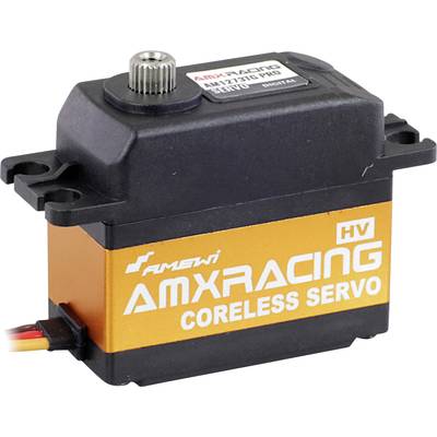 Servo motor with orange and black casing, labelled 'AMXRACING Coreless Servo HV'.