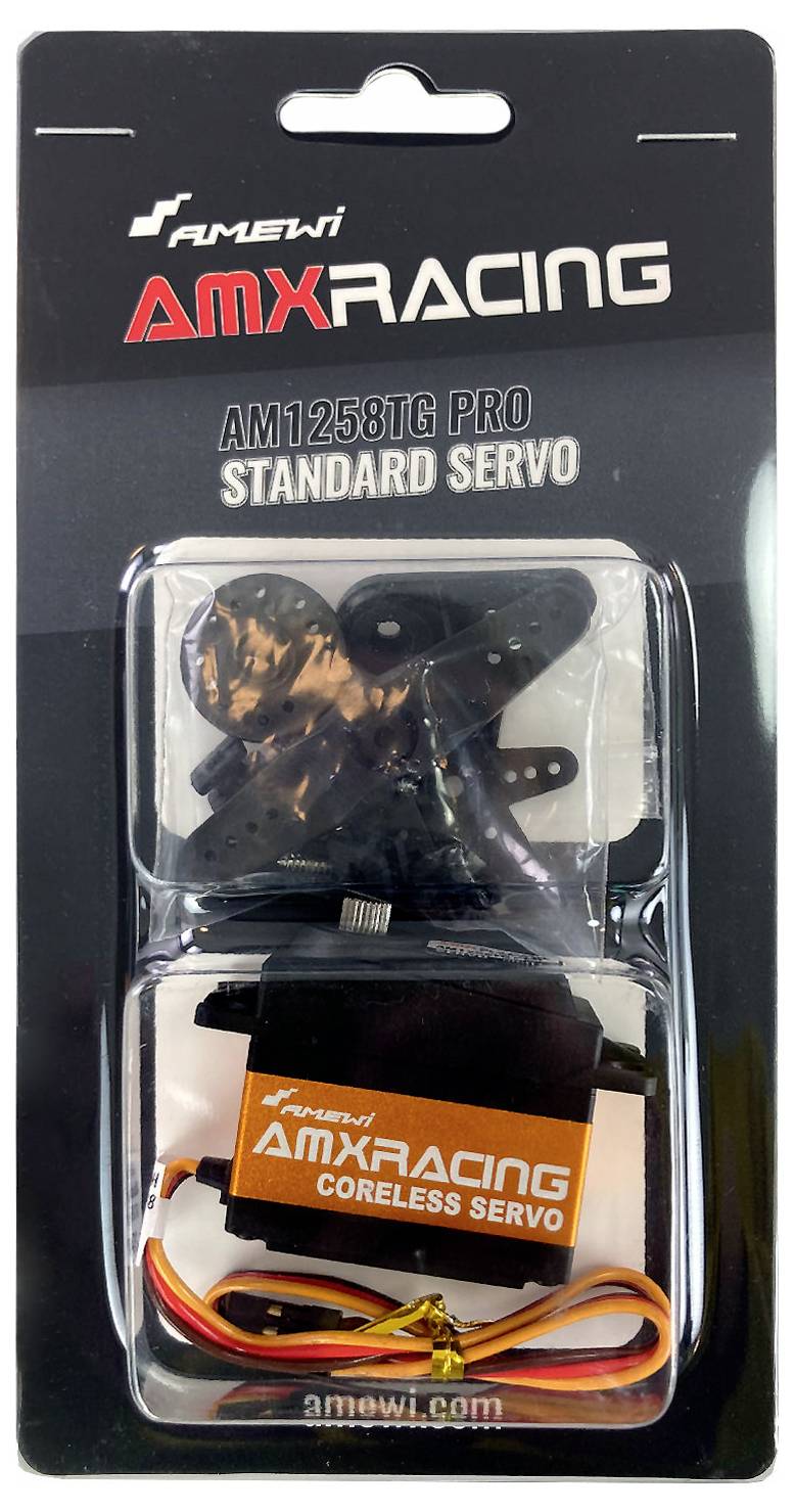 A package of 'AMX Racing AM1258TG Pro Standard Servo'. A servo motor, connection cable, and mounting hardware are visible.
