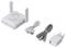 A Wi-Fi router with two aerials, USB cable, ethernet cable and power adapter on a white background.