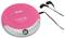 A pink portable CD player with black headphones. Text reads: 'mp3', 'Anti-Skip Protection', 'Auto Resume'.