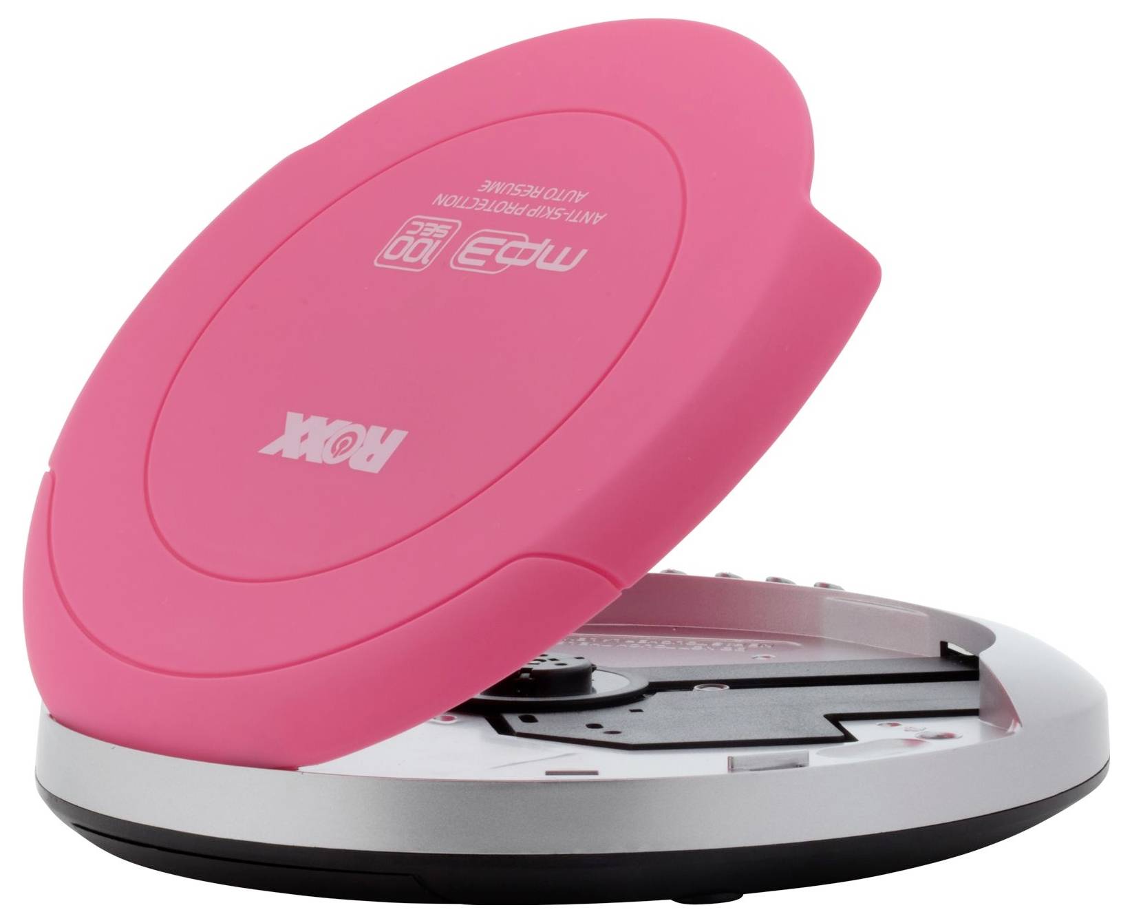 A portable, pink CD player with its lid open. The CD tray is visible, but no disc is inserted.