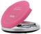 A portable, pink CD player with its lid open. The CD tray is visible, but no disc is inserted.