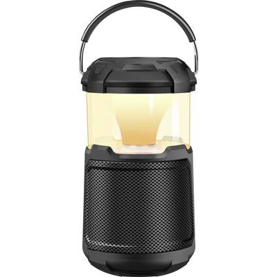 Portable lamp and speaker combination with a dark grey casing and warm light, perfect for outdoor activities.