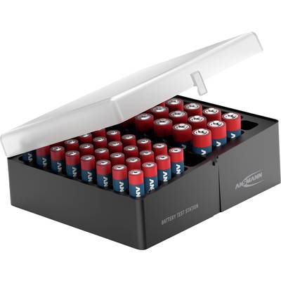 Battery testing station with open lid, filled with numerous AA batteries, marked with 'Ansmann'.