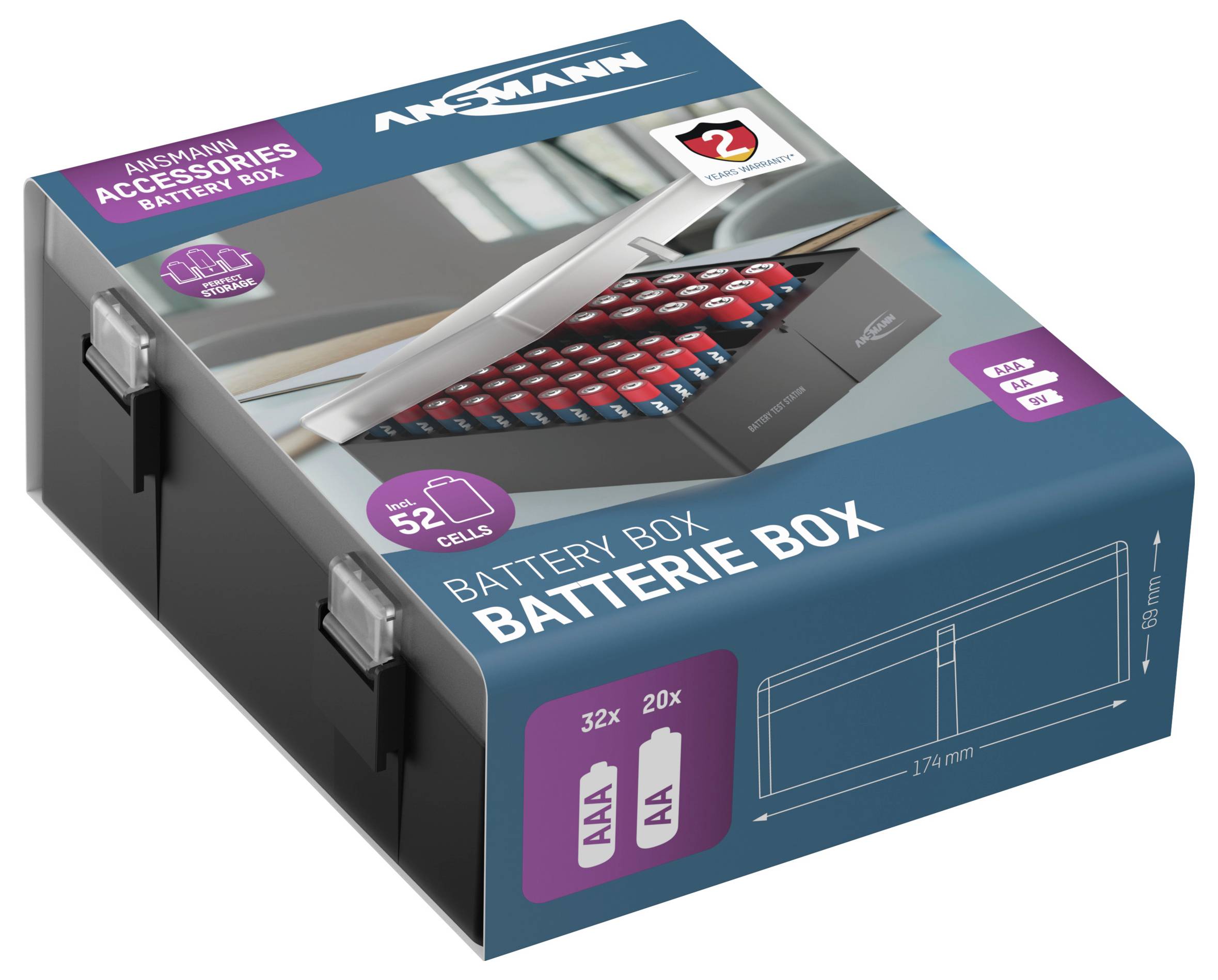'Ansmann Battery Box for 52 Batteries. Suitable for AAA and AA Batteries. Contains 32 AAA and 20 AA Compartments. Size: 174x118x68 mm.'