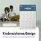 A boy is playing with a puppy on the floor. Next to them is a package of button cell batteries. Text: 'Child-safe Design'.