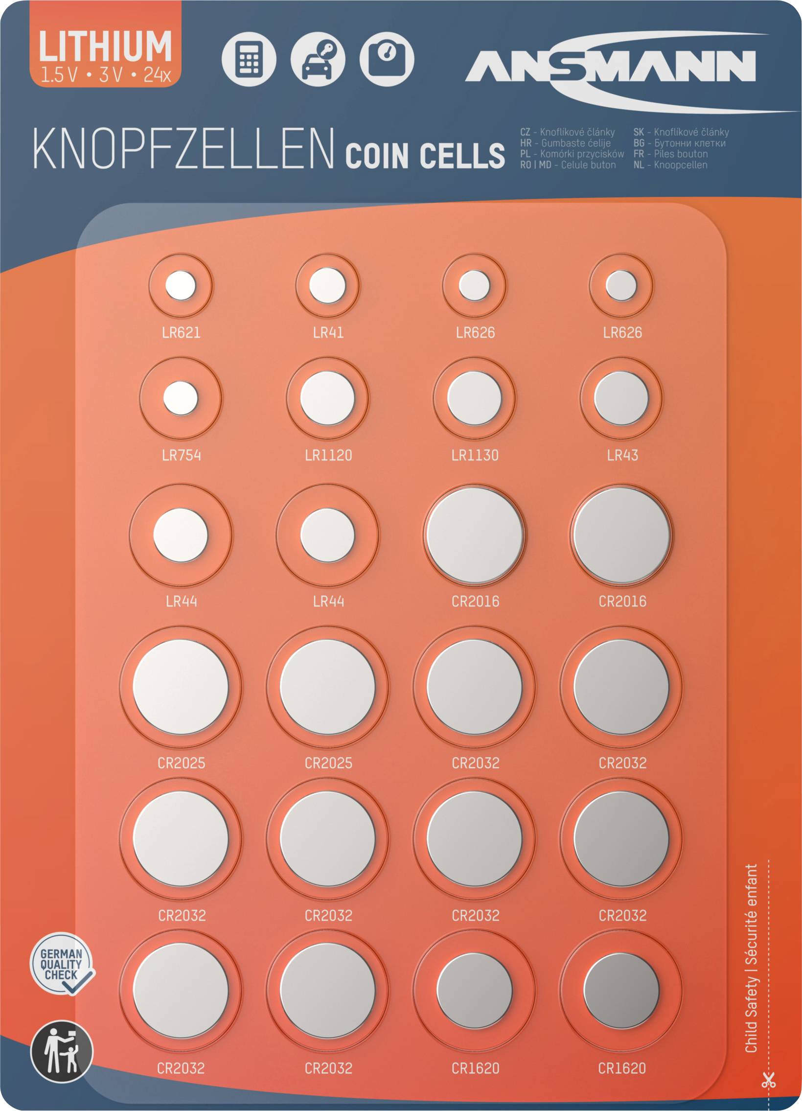 Ansmann Button cell set 2× CR1620, 2× CR2016, 2× CR2025, 8× CR2032, 1× LR60 / LR621 / AG1, 1× LR41 / LR736 / AG3, 2× LR66 / LR626 / AG4, 1× LR48 / LR754 / AG5,