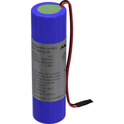 Cylindrical, blue, rechargeable battery with technical details on the label: 3.6V, 2600mAh, 9.36Wh. Red and black wires present.