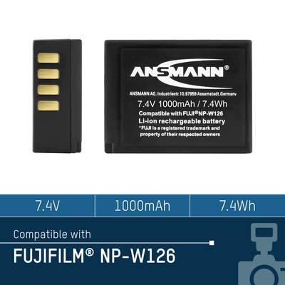 A black battery and packaging with the inscription 'ANSMANN'. Compatible with 'FUJIFILM NP-W126'. Capacity: 7.4V, 1000mAh, 7.4Wh.