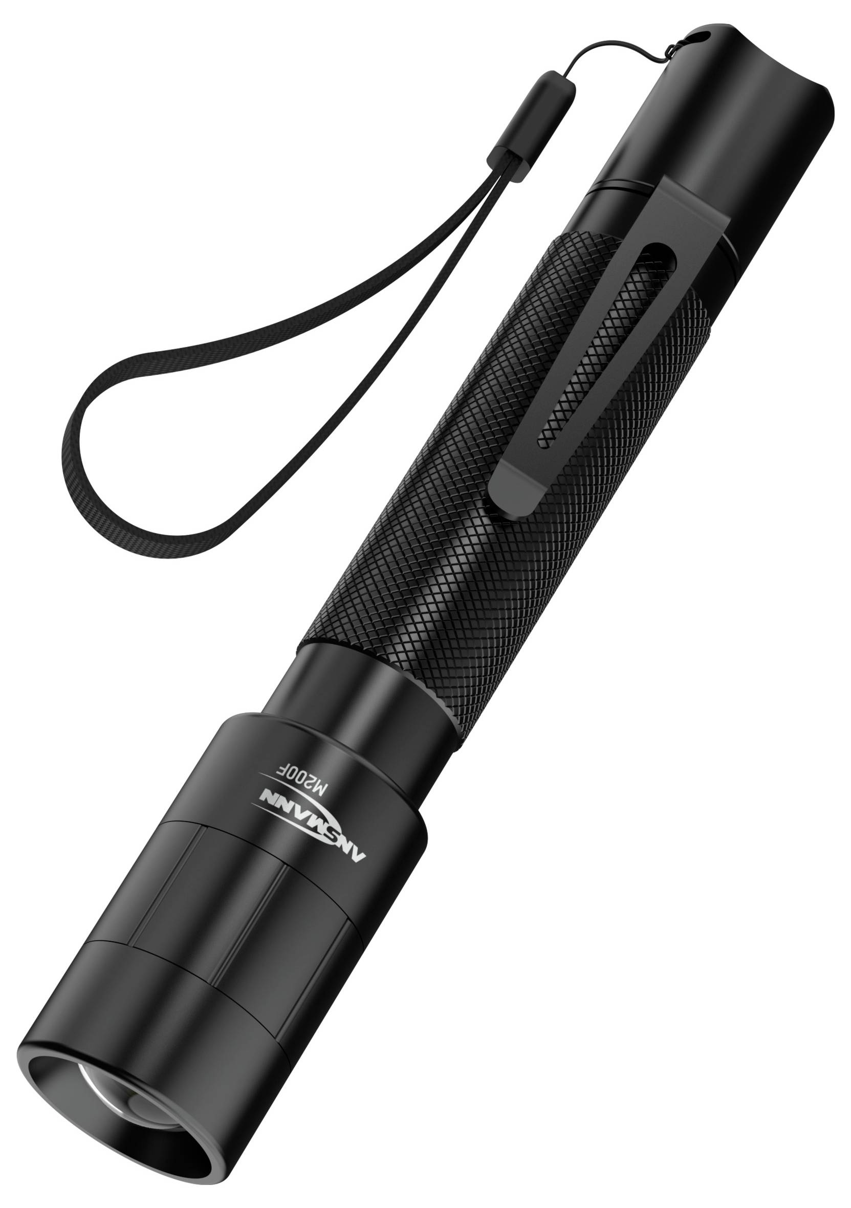 Black torch with carry loop and clip, cylindrical design, suitable for outdoor activities and emergencies.