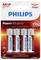 Four AA batteries on packaging labelled 'Philips Power Alkaline'. Promising long-lasting durability and 109% more performance.