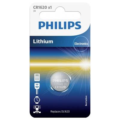A packaging for a Philips Lithium battery, Type CR1620, 3V, for electronic devices. Text: 'Replaces DL1620'.