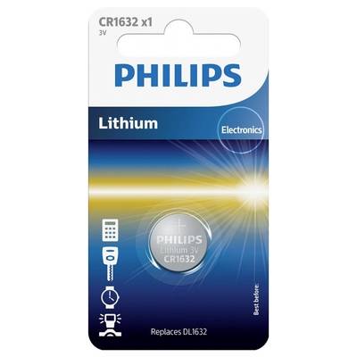 'Philips CR1632 3V Lithium Battery in Blister Pack, suitable for electronic devices, replaces DL1632. Expiry date: see packaging.'