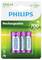 Four AAA Philips rechargeable batteries with 700 mAh in packaging, suitable for up to 1000 charging cycles.