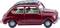 Small model car in red with a roof rack. Car model in classic retro design, side view, wheels and seats visible.