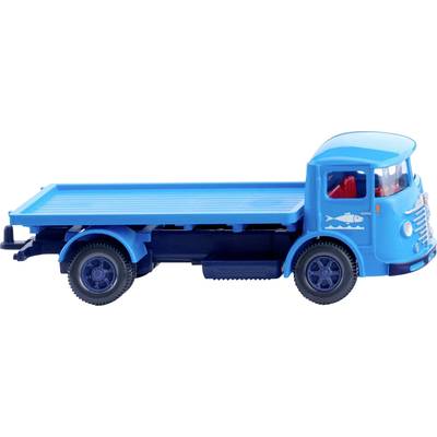 A blue toy lorry with a loading bed and red seat details sits on a white background.