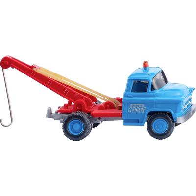 A blue and red toy tow truck with 'Dave's Garage' written on the door. It has a hook on the crane.
