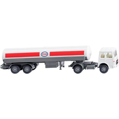 Toy fuel tanker with 'Esso' logo and red stripe, white cab, grey trailer with six wheels.