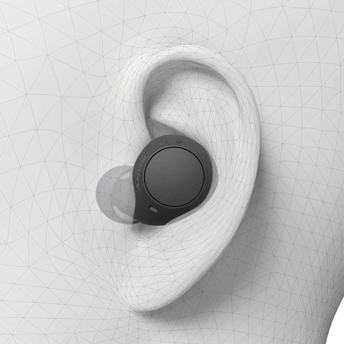 A black, round earplug sits in a modelled ear. The background consists of a grey, grid-like pattern.