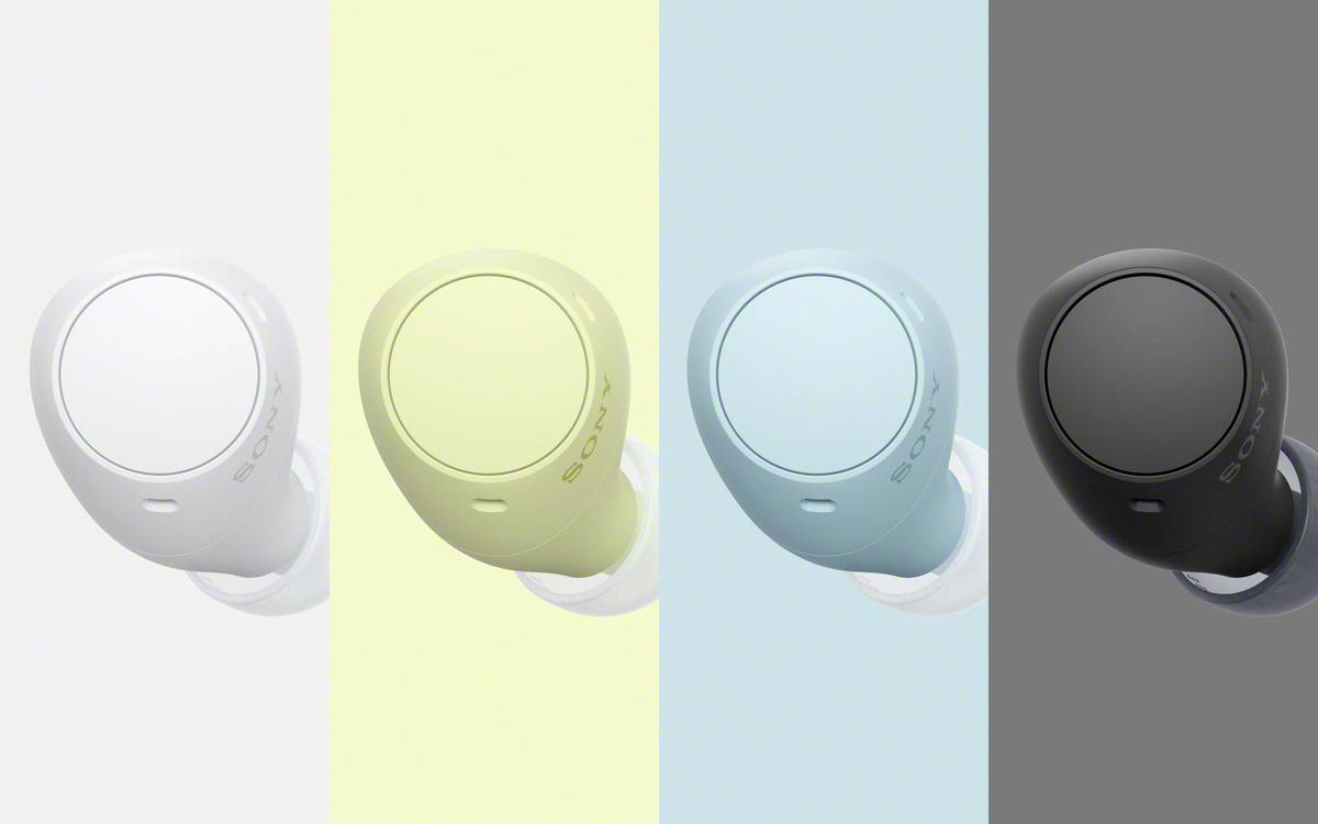 Four wireless earbuds in different colours: White, Yellow, Blue and Black. Each displays the 'Sony' logo on the side.