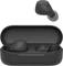 Black wireless earbuds in an opened charging case. One earbud hovering separately above it.